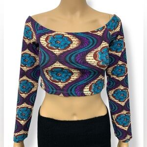 FARM Rio Floral Purple Blue Long-sleeve Crop Top Fitted Blouse Women’s size L